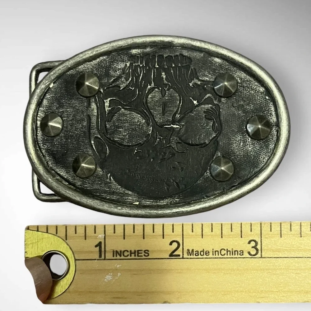 VINTAGE‎ RARE Unisex Studded Leather Skull Metal Belt Buckle | EUC